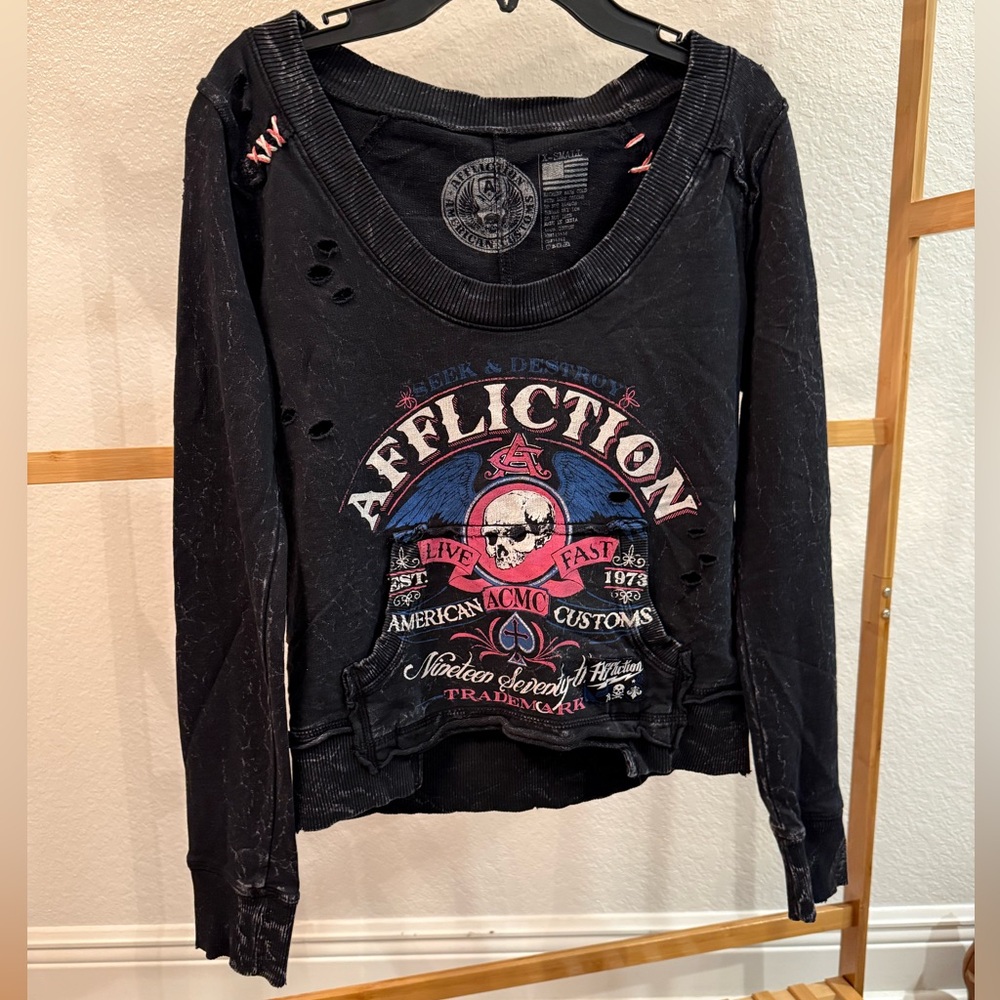 Affliction Women's Black and Pink Skull Graphic Sweater, Size XS